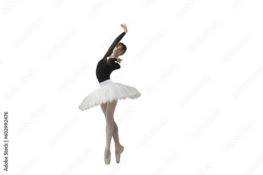 ballerina in a black bodysuit and tutu poses in motion showing ballet elements while standing on pointe shoes - obrazy, fototapety, plakaty 