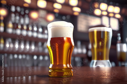 Glasses of beer on a bar counter. 3d rendering.