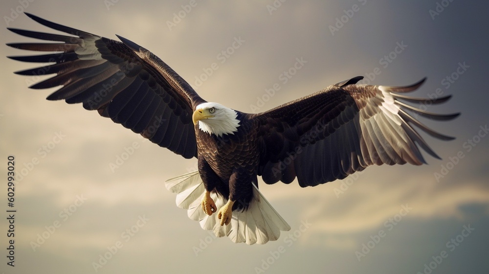 Bald Eagle flying in the cloudy sky. Generative AI. - obrazy, fototapety, plakaty 
