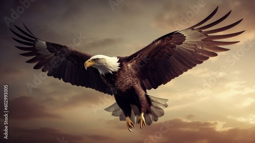 Bald Eagle flying in the cloudy sky. Generative AI. © Aga Bak