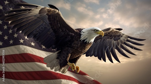 Bald Eagle with American Flag in the background. Generative AI.