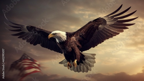 Wallpaper Mural Bald Eagle flying in the cloudy sky. Generative AI. Torontodigital.ca