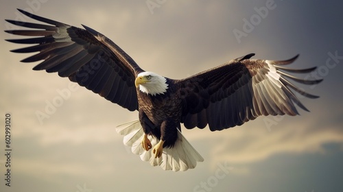Bald Eagle flying in the cloudy sky. Generative AI. photo