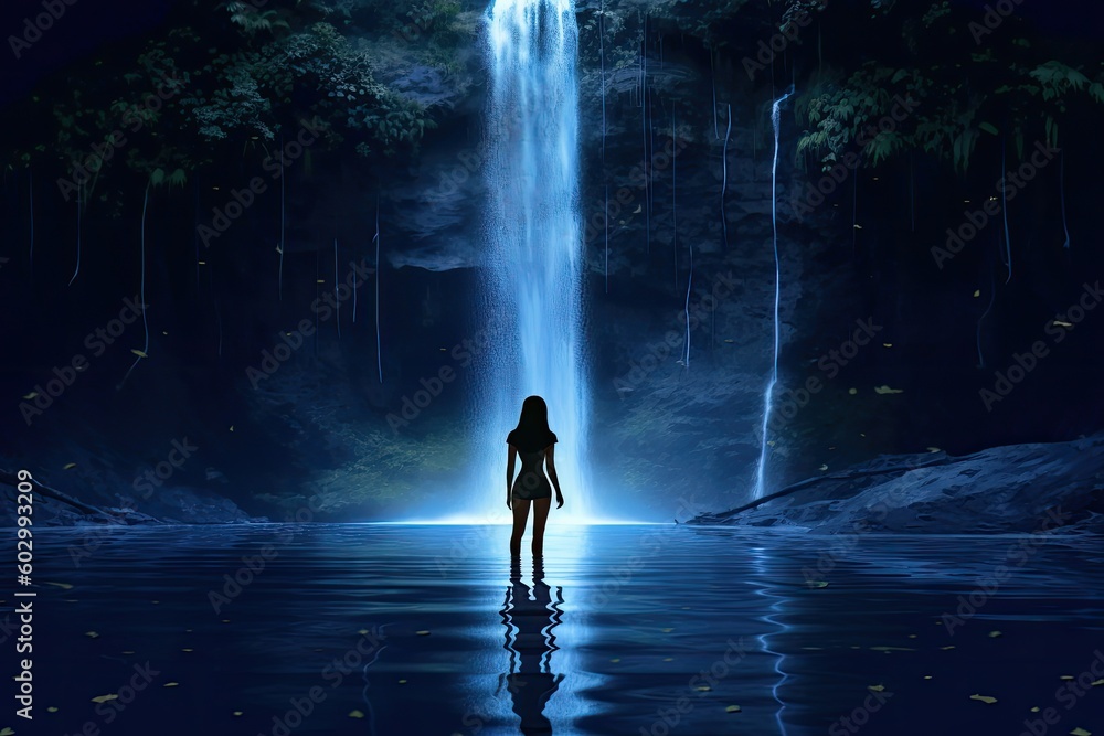 Waterfall bathed in the soft glow of moonlight silhouette of a bathing woman. Generative AI