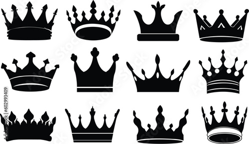 Set of black king crowns. King crown silhouettes set. Vector illustration