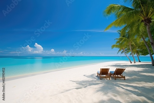 Summer landscape, palm trees and blue calm sea. Generative AI
