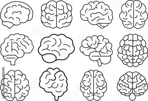 Set of human brain icons in outline style. Human brain line icons. Vector illustration