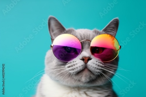 pet funny sunglasses animal colourful neon cute cat fashion portrait. Generative AI. © SHOTPRIME STUDIO