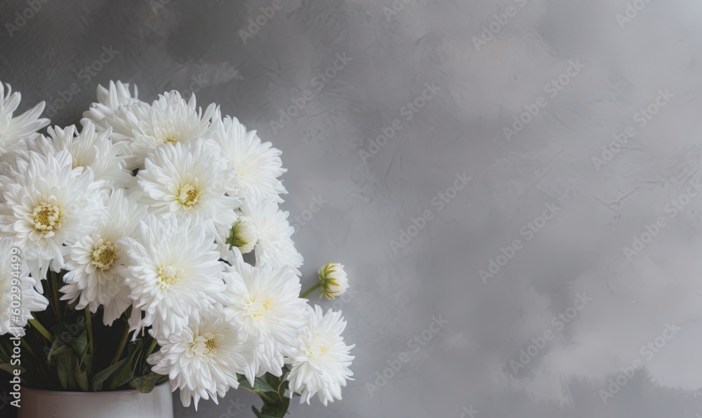 White flowers on grey background, grief, loss, coping of mourning. Condolences card. Generative AI White flowers on grey background, grief, loss, coping of mourning. Condolences card. Generative AI