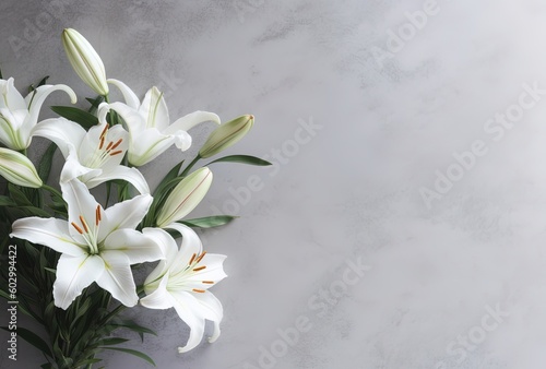 White flowers on grey background, grief, loss, coping of mourning. Condolences card. Generative AI