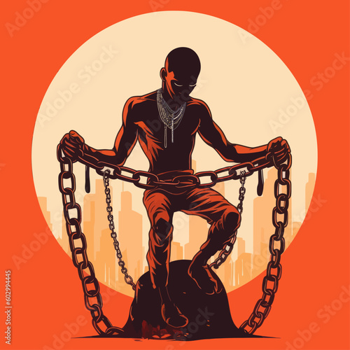 Vector image for the day of liberation of slaves. Black history. Black man with chains on a red background.