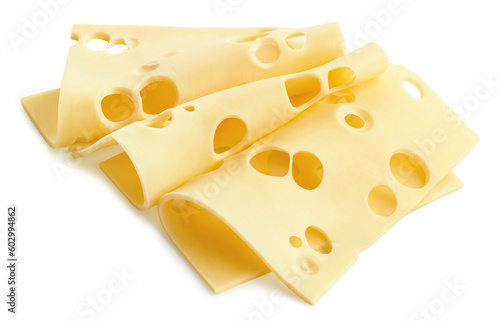 Three Maasdam cheese slices on white background photo