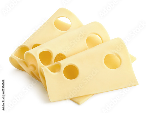 Three Maasdam cheese slices on white background