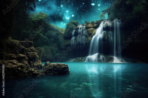 Beauty of a waterfall illuminated by the ethereal glow of the moonlight. Generative AI © YouraPechkin