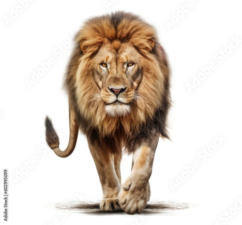 Lion walking on white background. Generative AI