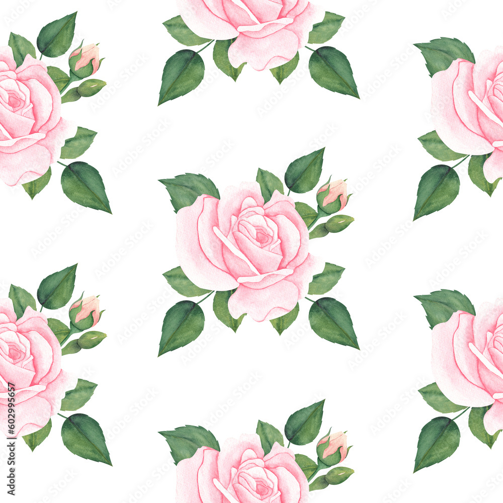 watercolor seamless pattern with pink rose flowers. Botanical colorful illustration. Use for wrapping paper, textile