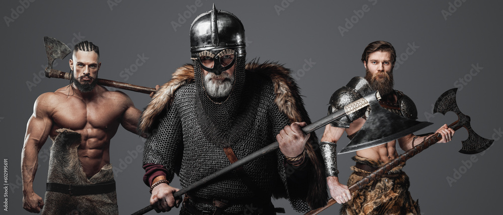 Studio shot of old man viking with two barbarians against gray background.