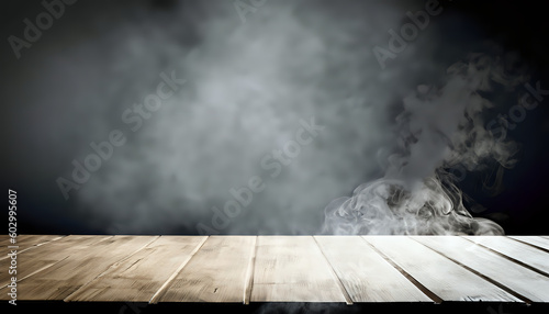 : Dark empty wooden table with smoke, background, Free space for your decoration, float up on dark wall background , Ai generated 