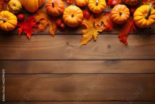 Thanksgiving background: Autumn leaves on wooden background, pumpkin, dry leaves, Old dark wood with empty space to text, Thanksgiving and Halloween celebration decoration concept