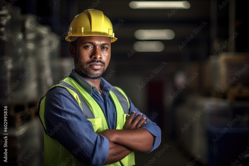 Portrait of a warehouseman working in a warehouse. Ai generative. Portrait of a warehouseman working in a warehouse. Ai generative.