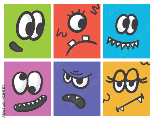 Funny faces of fictional toothy monsters with eyes and mouth. Set of bright vector cards or banners in doodle style.