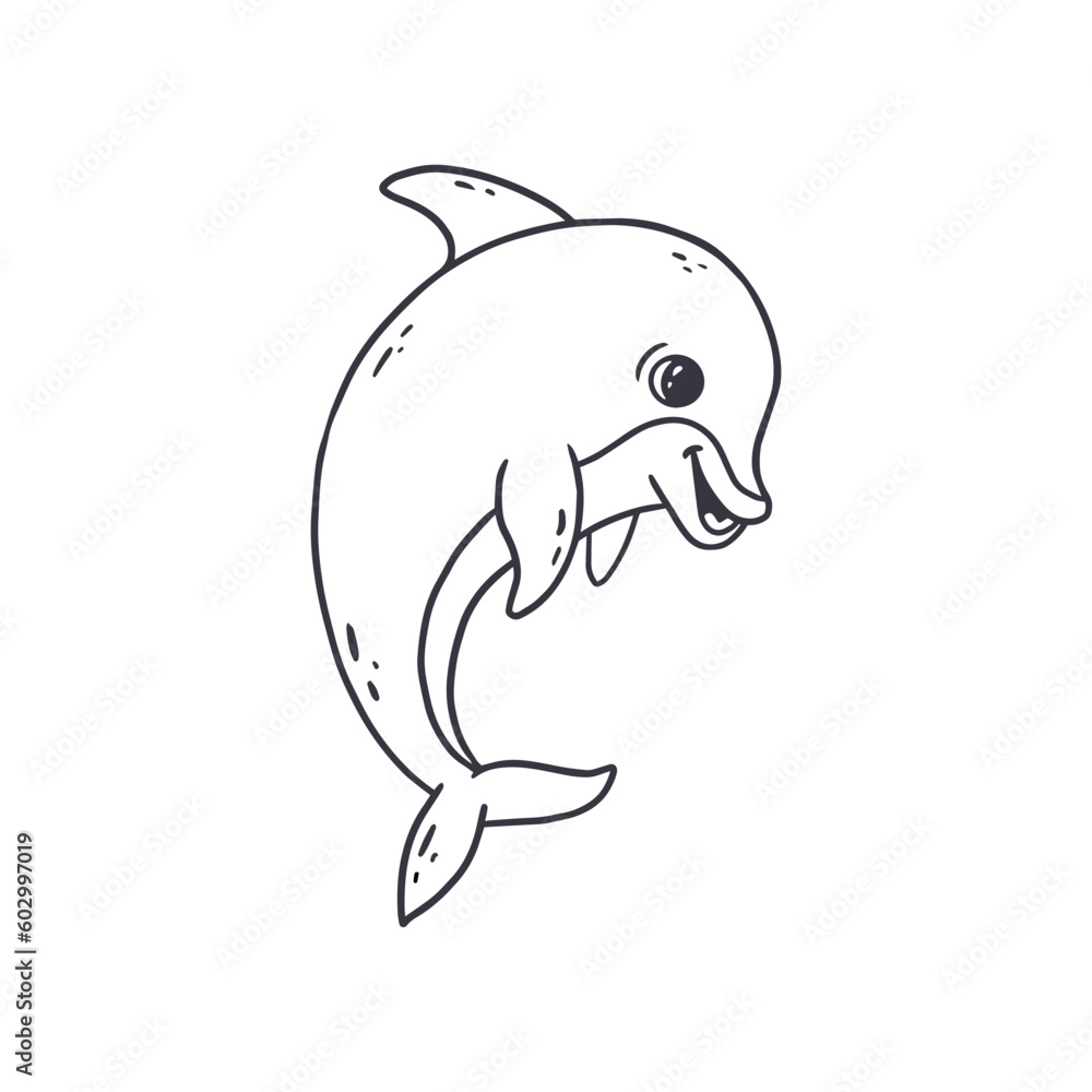 Fototapeta premium Hand drawn cartoon dolphin in doodle style isolated on white background. Sketch. Coloring. Vector illustration 