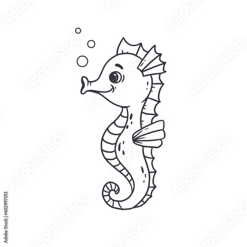 Hand drawn seahorse isolated on white background. Doodle.Coloring. Underwater animal in sketch style. Vector illustration 