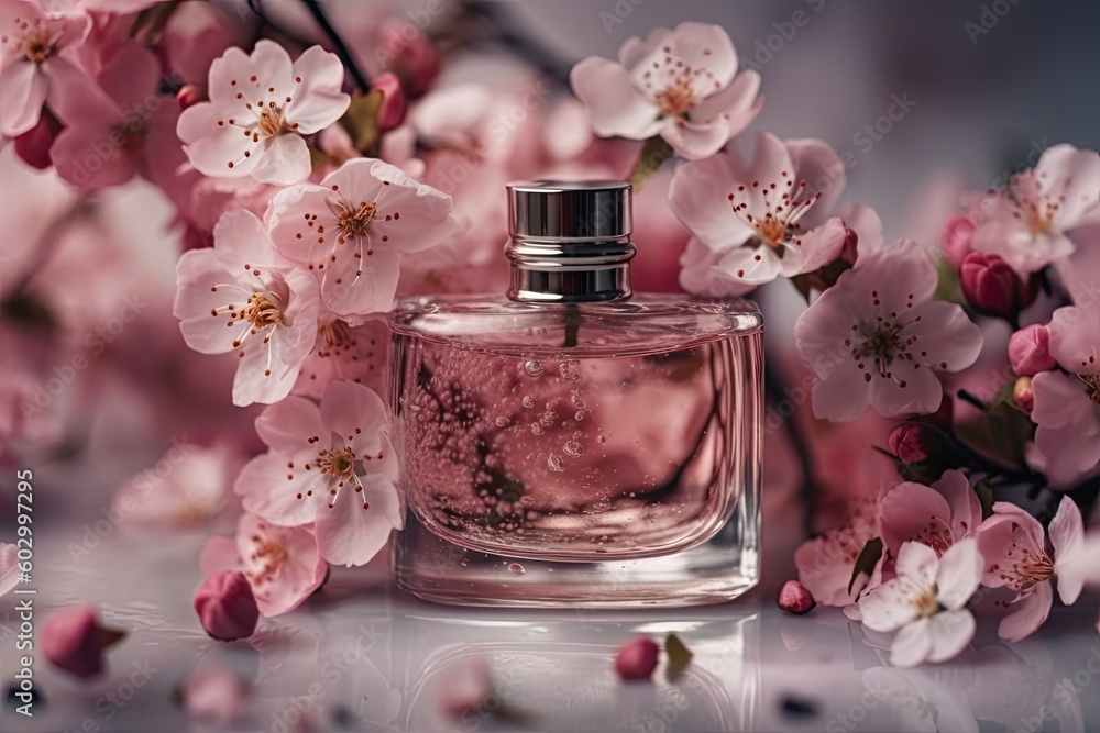 Stylish pink perfume bottle stands on white surface with cherry blossoms blooming pink created with Generative AI Stylish pink perfume bottle stands on white surface with cherry blossoms blooming pink created with Generative AI