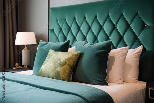Close up of new green colored bed with decorative pillows, fabric headboard in bedroom in sample model of hotel or apartment, created with Generative AI.