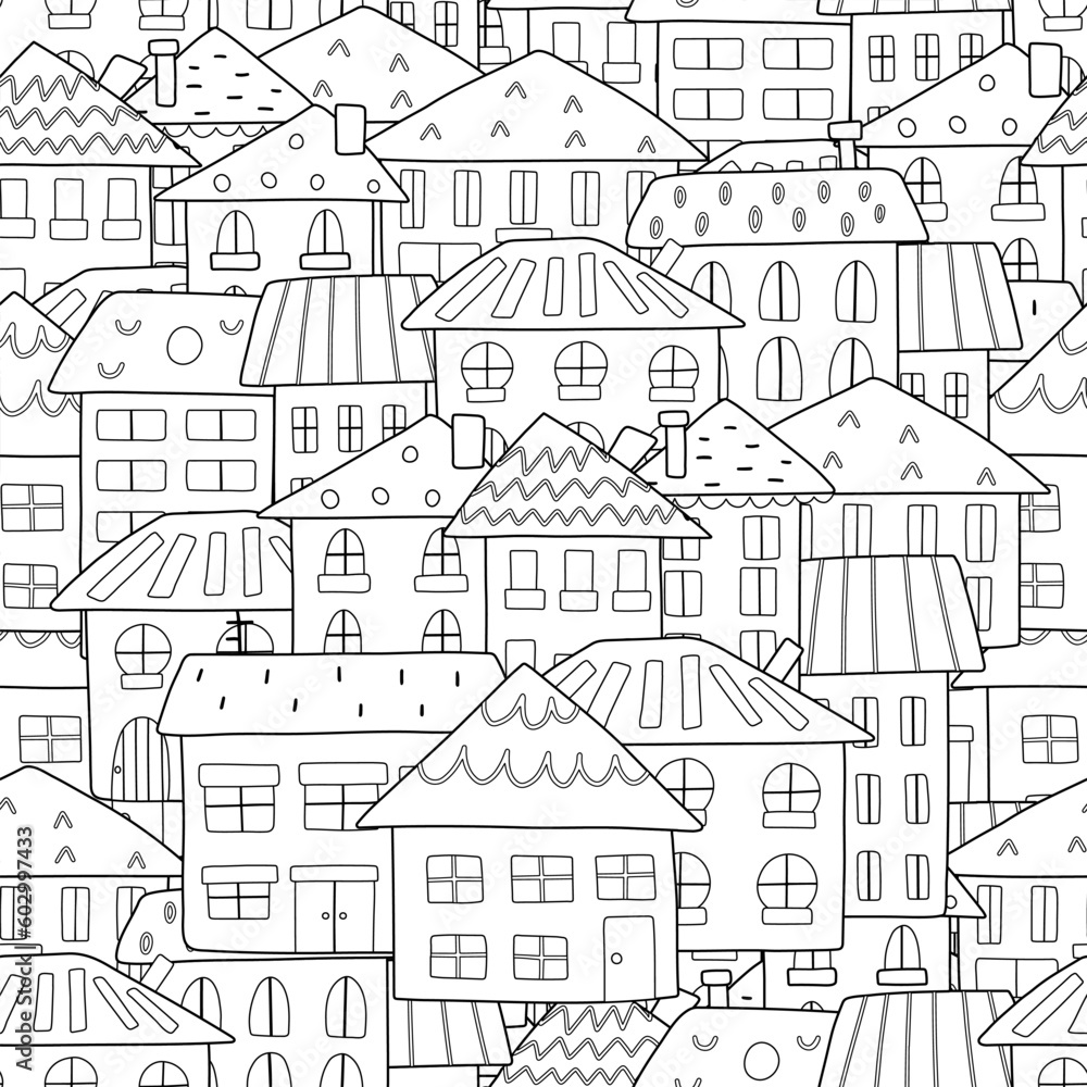 Doodle houses black and white seamless pattern. Hand drawn background with city landscape for coloring page. Vector illustration