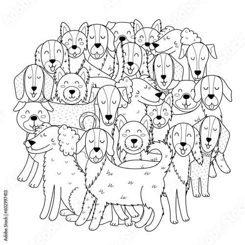 Cute dogs circle shape coloring page. Funny puppy characters mandala for coloring book. Vector illustration