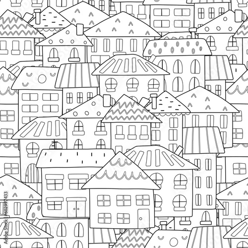 Doodle houses black and white seamless pattern. Hand drawn background with city landscape for coloring page. Vector illustration