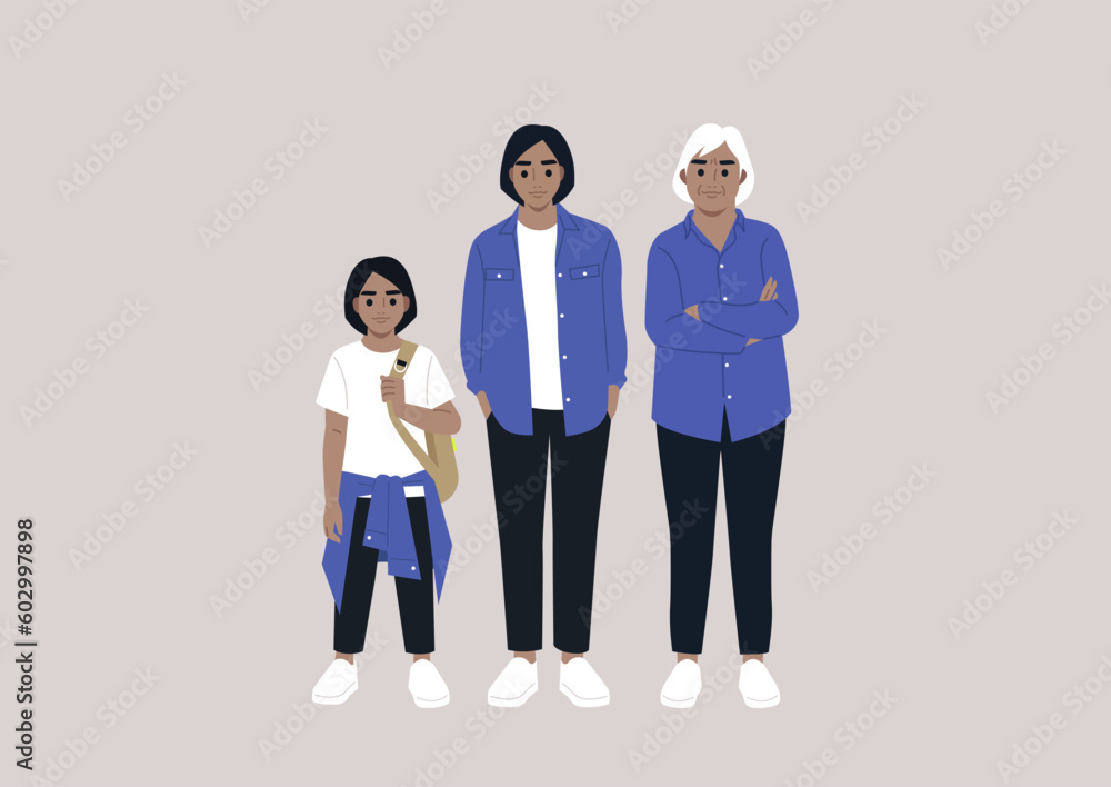 Fototapeta premium A multigenerational family, a kid, a young adult, a senior character gathered together