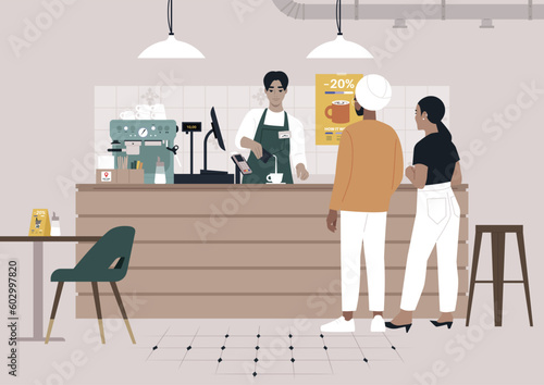 A young bartender serving coffee to a couple at the coffeeshop counter, morning rituals and modern lifestyle