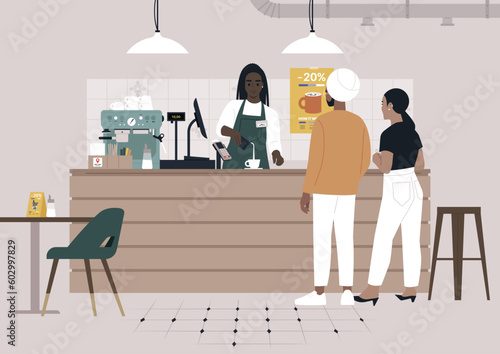 A young bartender serving coffee to a couple at the coffeeshop counter, morning rituals and modern lifestyle