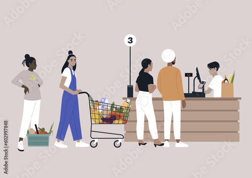 Supermarket cash register, a diverse group of people with carts and baskets waiting in line