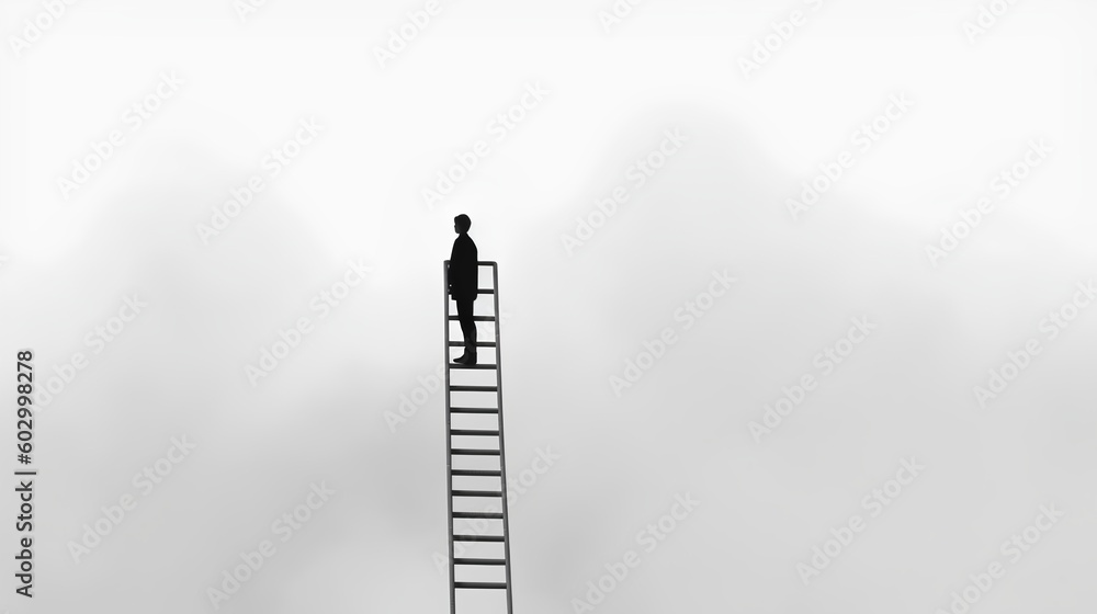 Black and white minimalist style image, achieving success concept, featuring a person standing at the top of the stairs. Pinnacle of personal or professional success. Generative AI