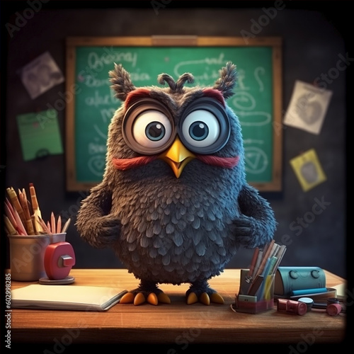 Cartoon teacher character wise owl at classroom with blackboard in background. AI generative