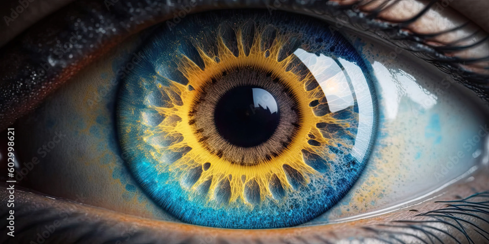 Macro close-up of human eye with blue, yellow and brown color - Generative AI