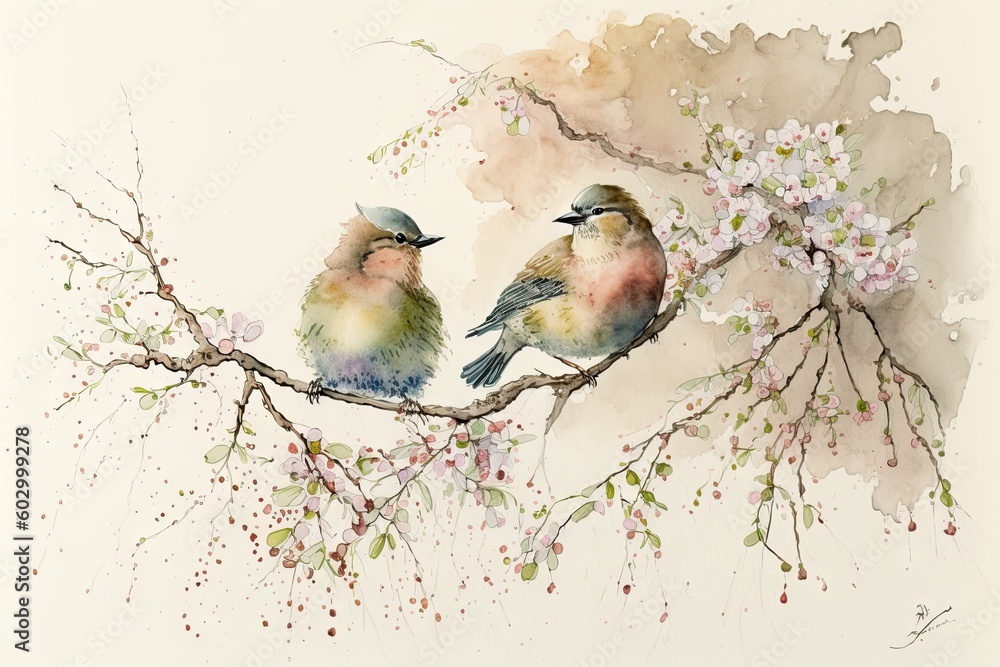 Colorful birds on stick blooming tree with flower in watercolor design artistic. Concept of painting technique isolated on white background in canvas. Glorious generative AI. - obrazy, fototapety, plakaty 
