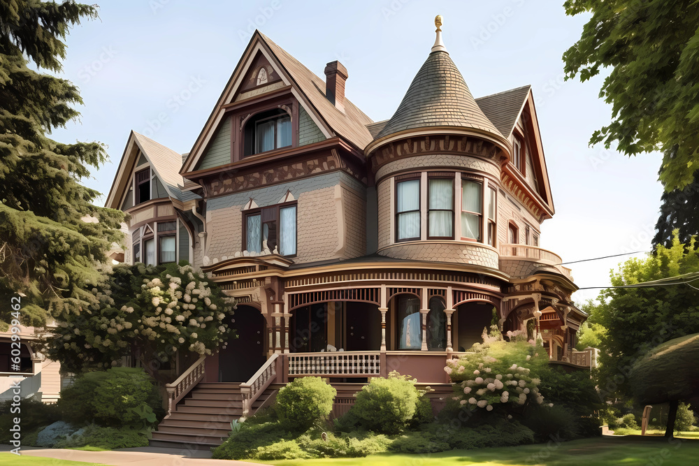 Queen Anne Style House - Originated in England in the late 19th century, characterized by asymmetrical design, steep roofs, and decorative details such as spindles and brackets (Generative AI)