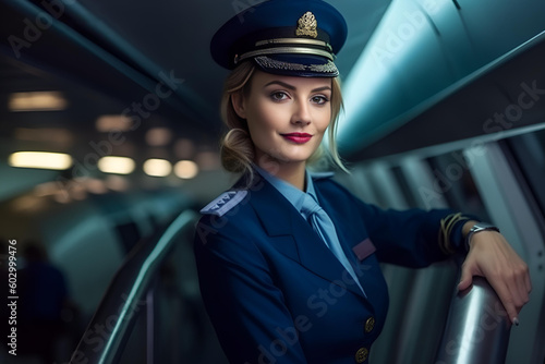 Beautiful Woman Flight Attendant Portrait on Board. AI generative