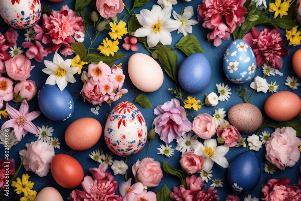 Many different flowers and leaves with Easter eggs. Abstract natural frame composition with space for text. generative AI Many different flowers and leaves with Easter eggs. Abstract natural frame composition with space for text. generative AI