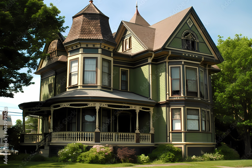 Victorian Queen Anne Style House - Originated in England in late 19th century, popular in United States in the same period, characterized by a highly decorative, asymmetrical design (Generative AI)
