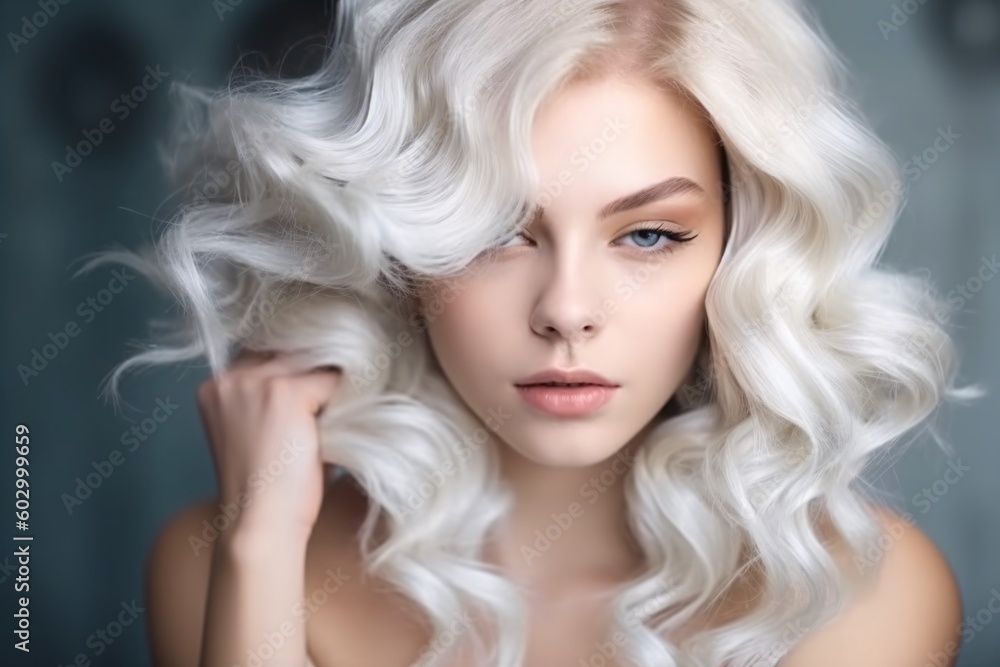Naklejka premium Beautiful girl hair coloring in ultra blond. Stylish hairstyle curls done in a beauty salon. Fashion, cosmetics and makeup. Generative ai.
