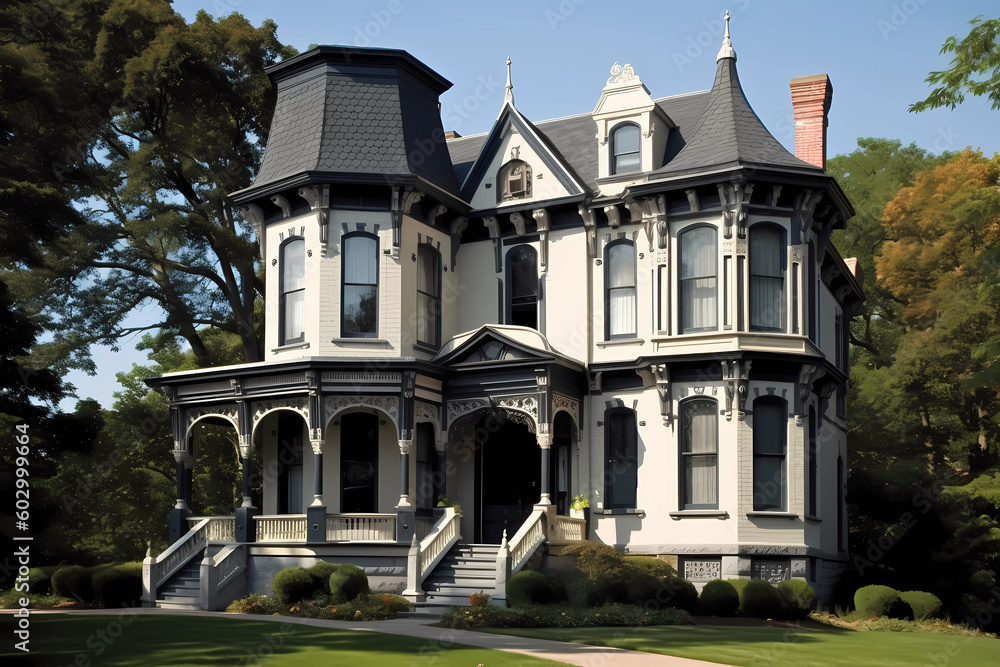 Second Empire Style House - Originated in France in the mid-19th century, characterized by a mansard roof, dormer windows, and ornate details (Generative AI)