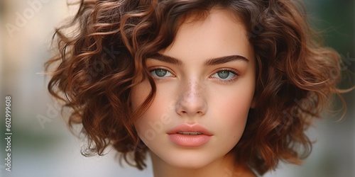 Beautiful brown haired with stylish short hairstyle. Woman with a curly hair. Generative Ai.