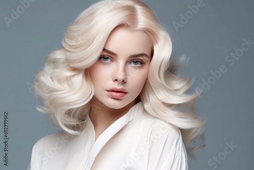 Beautiful girl hair coloring in ultra blond. Stylish hairstyle curls done in a beauty salon. Fashion, cosmetics and makeup. Generative ai. photo