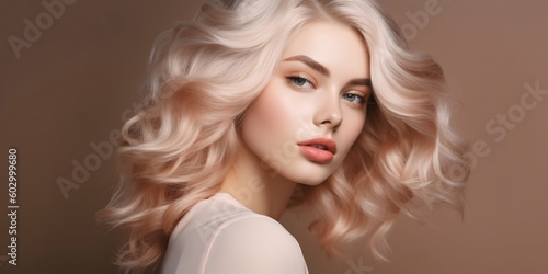 Beautiful girl hair coloring in ultra blond. Stylish hairstyle curls done in a beauty salon. Fashion, cosmetics and makeup. Generative ai.