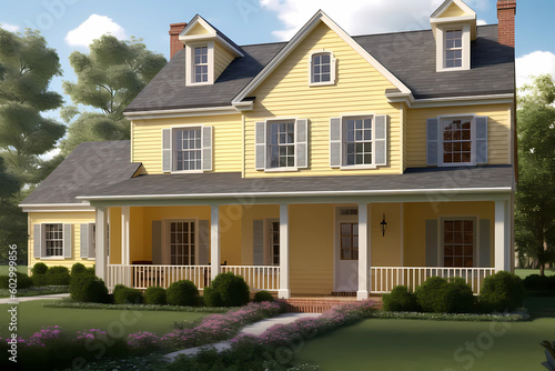 Colonial Style House - Originated in the 17th century in the United States, symmetrical design with a central front door and evenly spaced windows (Generative AI)